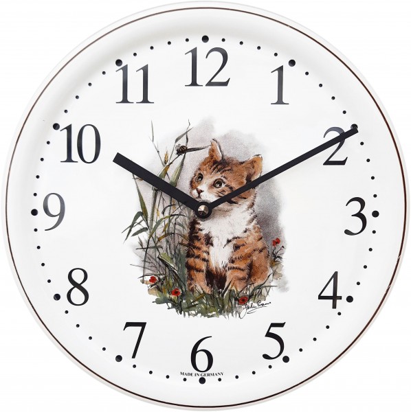 Keramik-Uhr / Katze im Gras