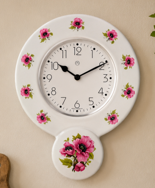 Küchenuhr, Keramik, rosa Blumen