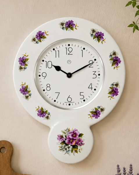 Küchenuhr, Keramik, lila Blumen