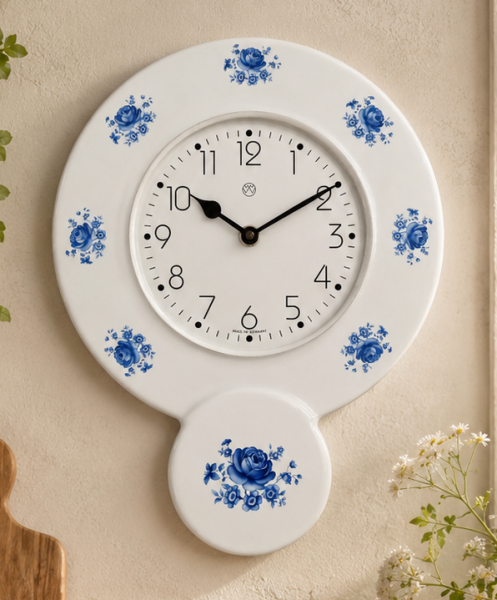 Küchenuhr, Keramik, blaue Rosen