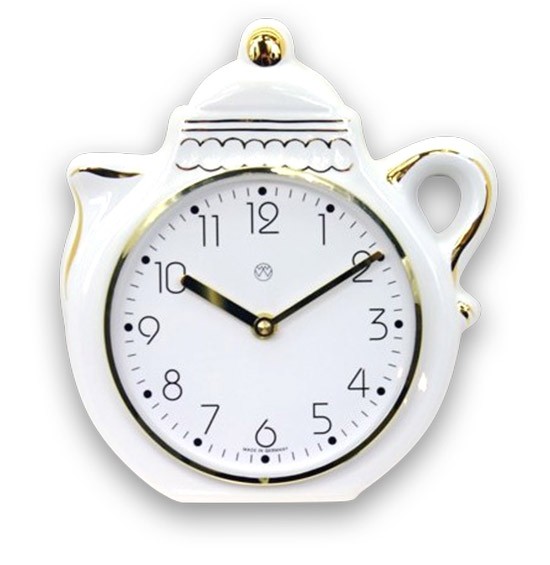 Küchenuhr, weiß-goldene Kanne